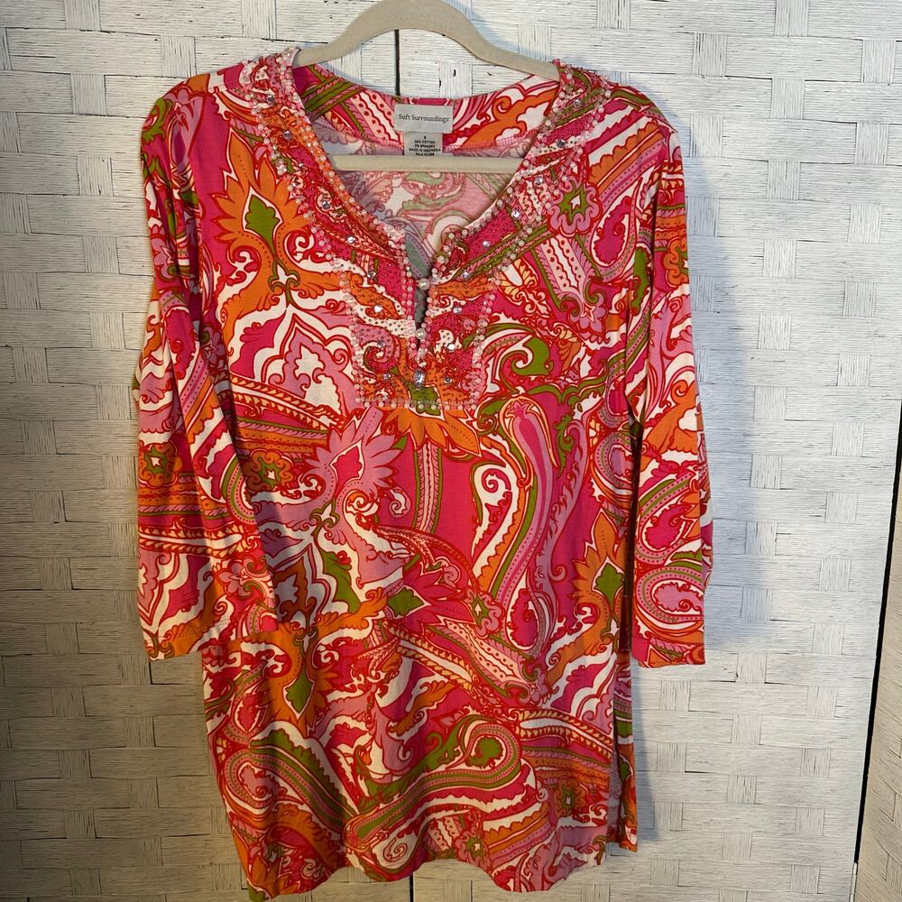 Soft surroundings women's tunic blouse 3/4 length sleeve 60s colorful‎ beaded